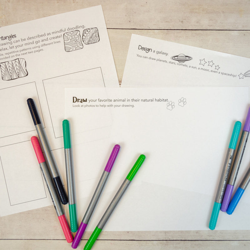 Printed examples of drawing prompts for kids to make.