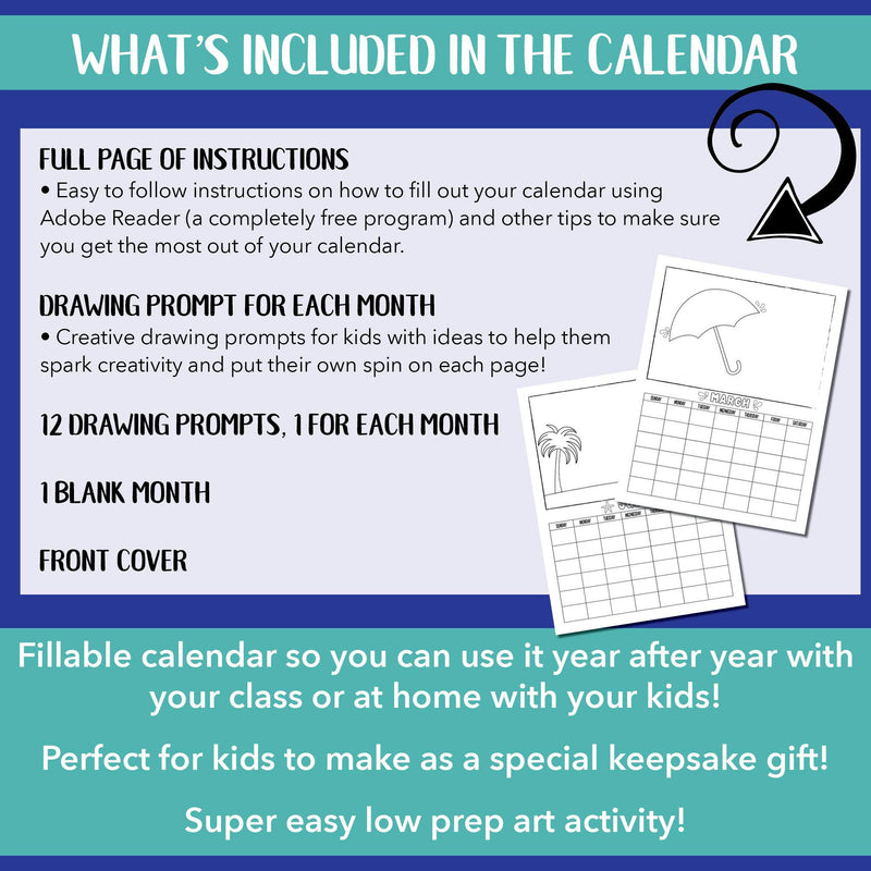 Printable drawing prompt calendar with instructions, prompt for each month, fillable PDF.
