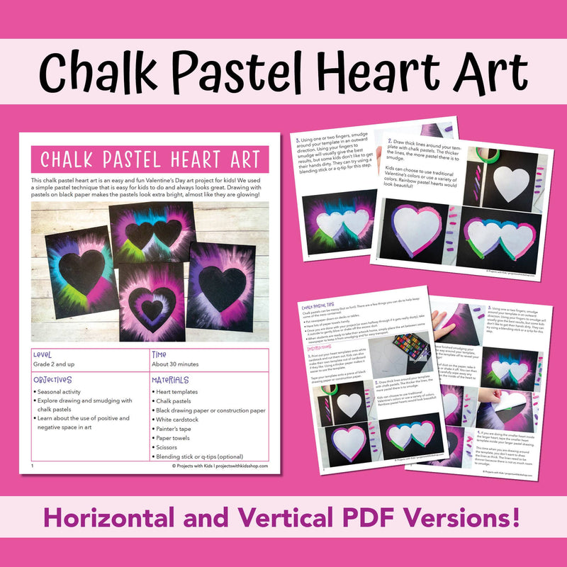Chalk pastel heart art project for kids to make, PDF printable.