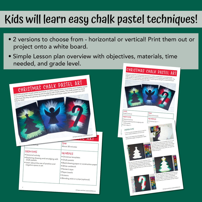 Vertical and horizontal PDF version of Christmas chalk pastel art for kids.