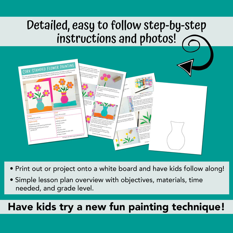 PDF example of flower painting project for kids to make for spring, summer or Mother's Day with printable vase template.