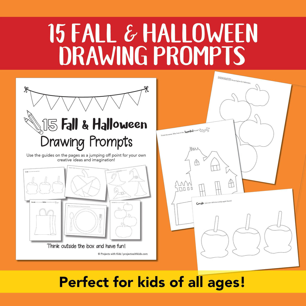 Printable fall and Halloween drawing prompts for kids of all ages art activity.