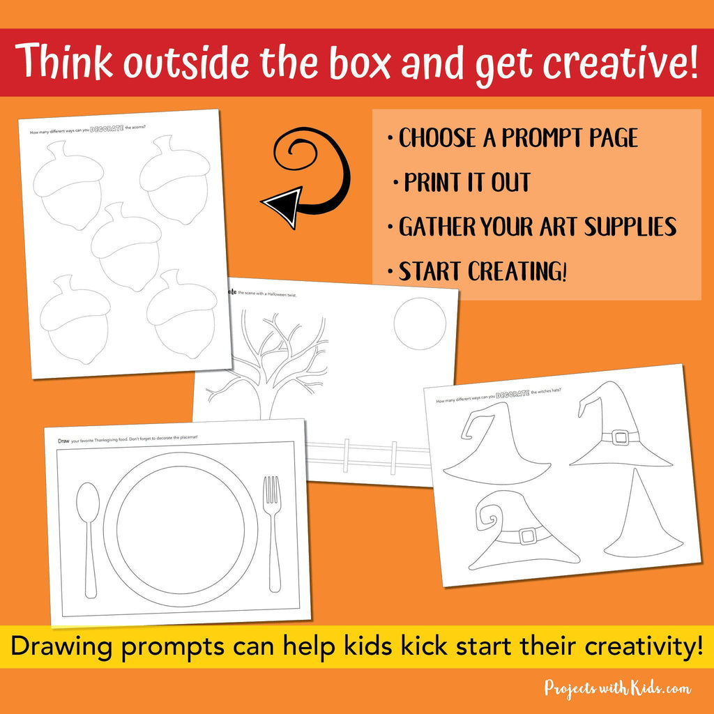 Printable fall and Halloween drawing prompts for kids of all ages art activity.