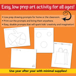 Creative and fun fall and Halloween drawing prompts for kids art activity for the classroom or at home.