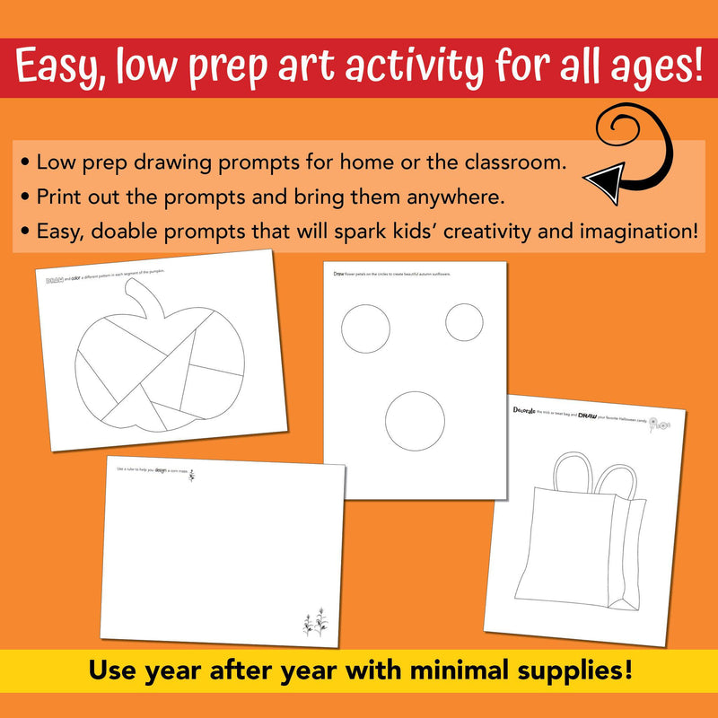 Creative and fun fall and Halloween drawing prompts for kids art activity for the classroom or at home.