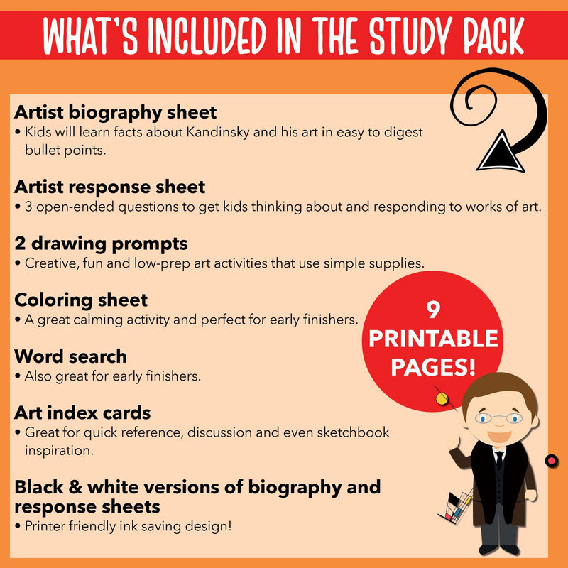 What's included in the Kandinsky printable pack for kids. 