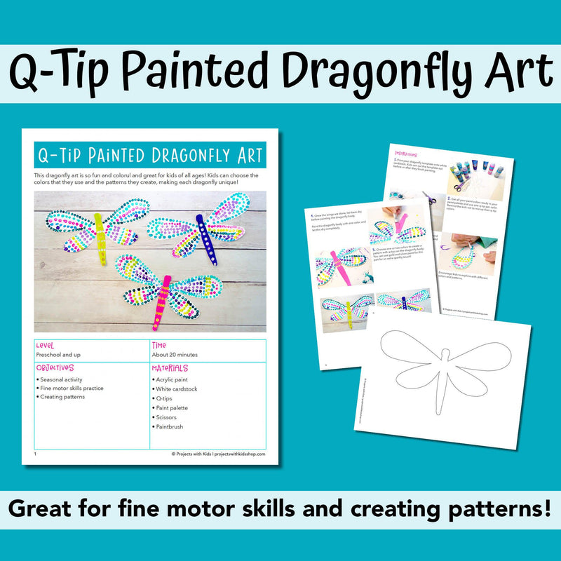 PDF pages of a q-tip painted dragonfly art project for kids to make. 