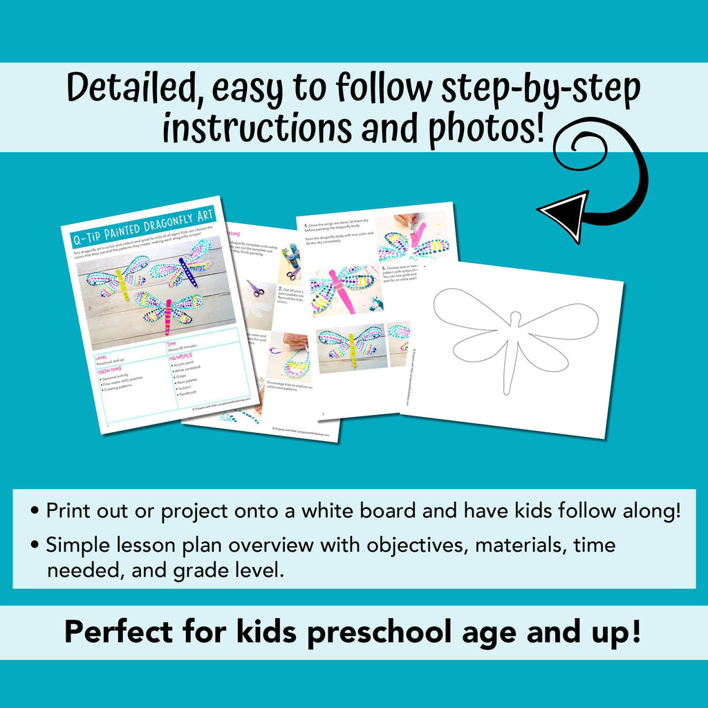 PDF pages of a q-tip painted dragonfly art project for kids to make. 