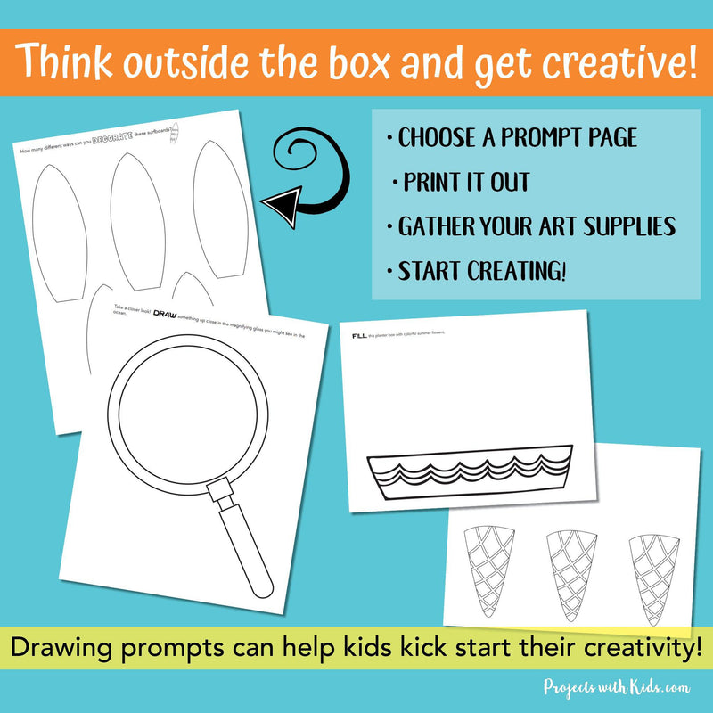 Sample pages of summer drawing prompts for kids to make. 