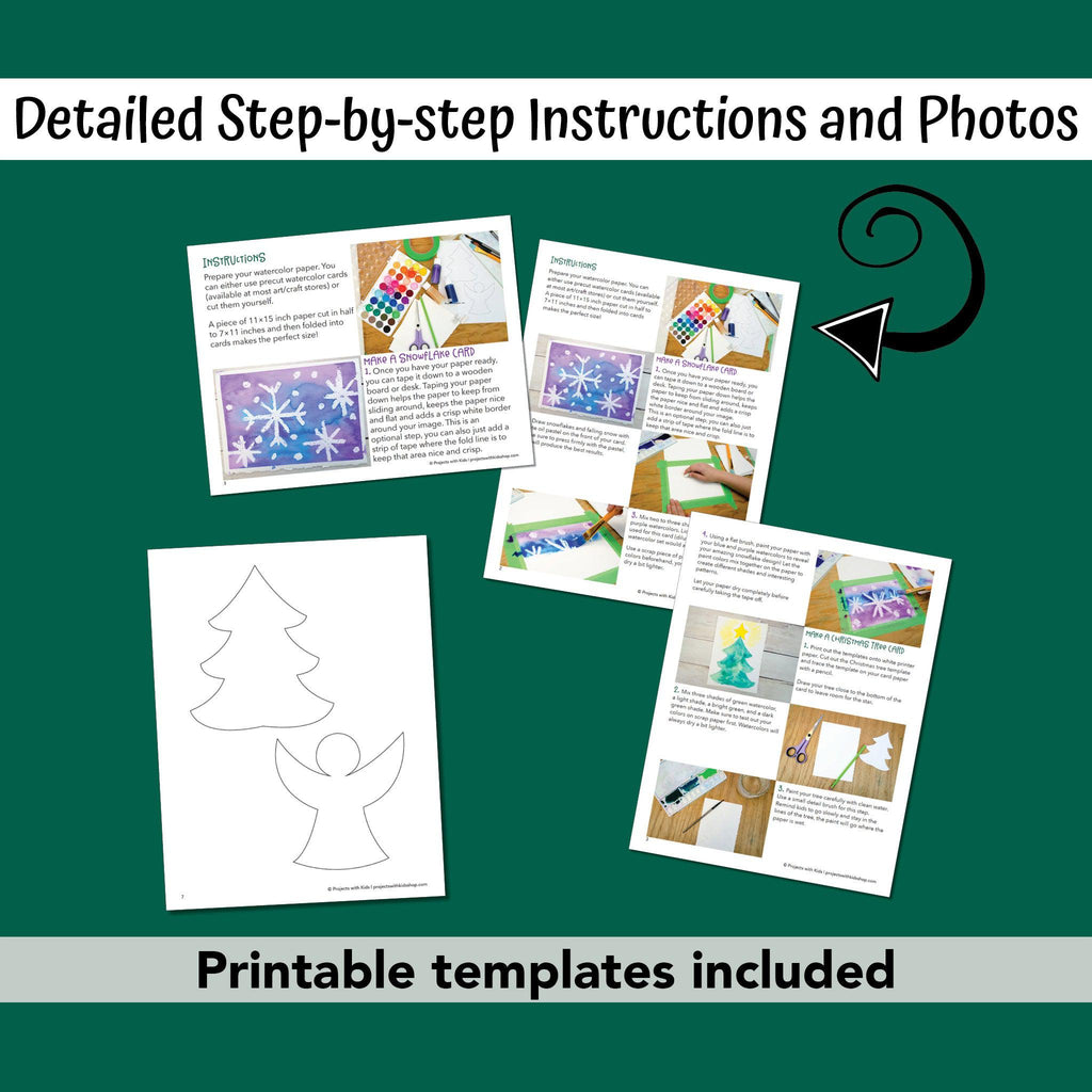 PDF sample pages of 3 different watercolor Christmas cards for kid to make.