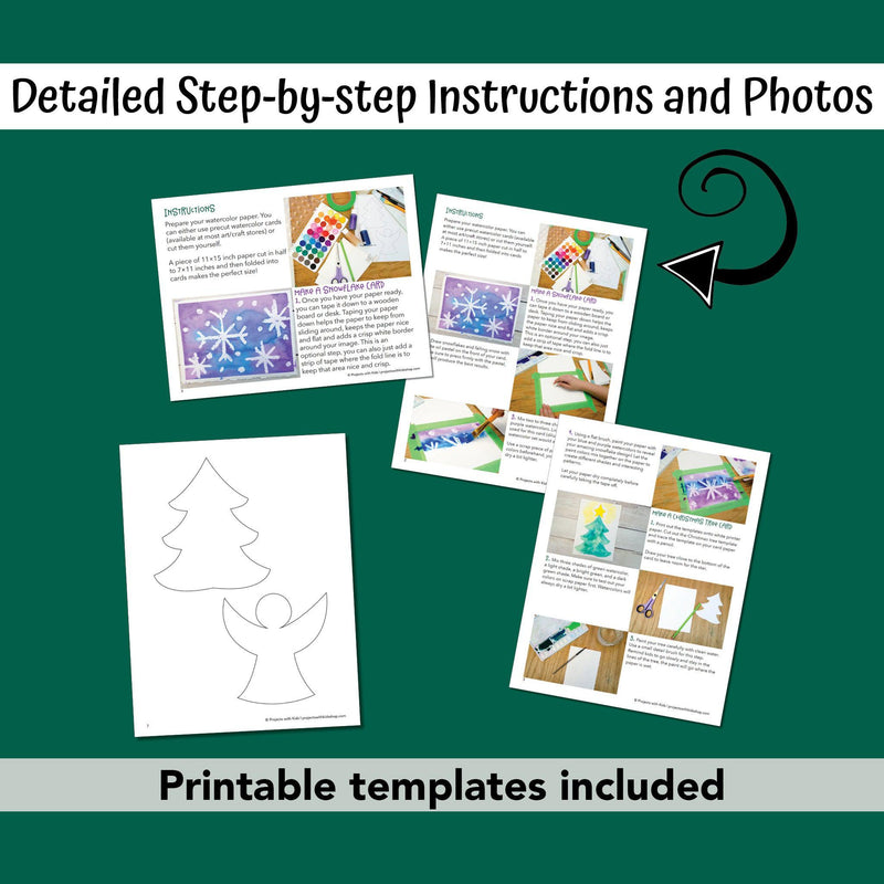 PDF sample pages of watercolor Christmas card ideas for kids to make. 