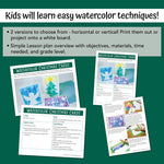 PDF sample pages of watercolor Christmas cards art project that kids in grades 2 and up can make. 