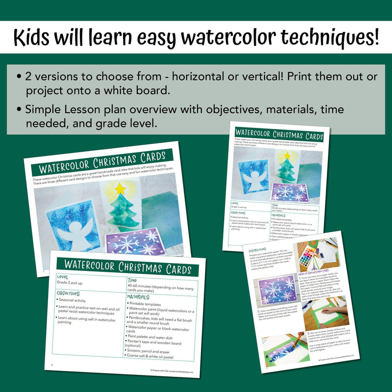 PDF sample pages of watercolor Christmas cards art project that kids in grades 2 and up can make. 