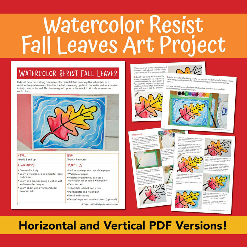 PDF sample pages of a watercolor resist fall leaves art project for kids to make. 