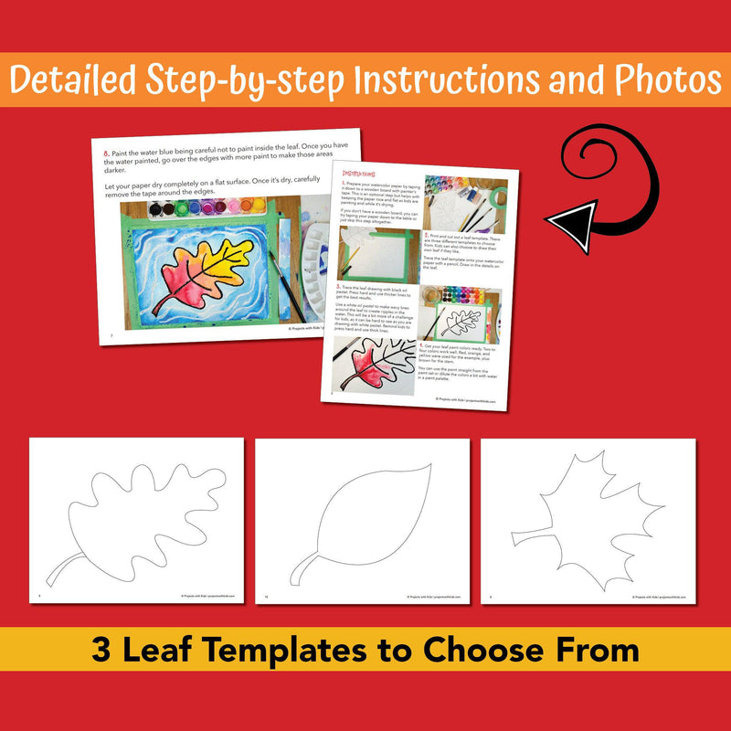 Sample PDF pages and printable templates of a fall leaf watercolor resist easy art project for kids to make. 