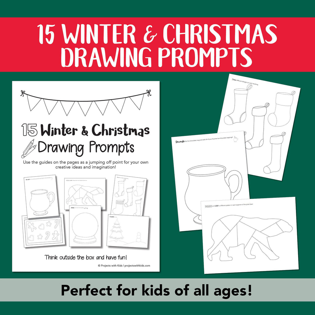 Winter and Christmas printable drawing prompts for kids of all ages art activity. 