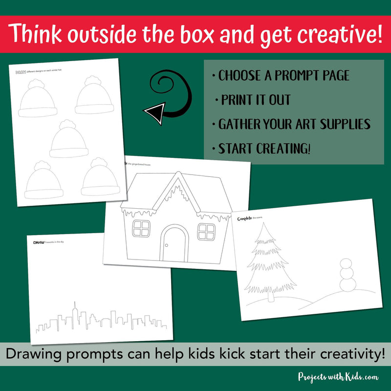 Easy, low-prep printable winter and Christmas drawing prompts for kids art activity. 